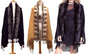 Oversize Scarf or Shawl with Tassels & Fur Collar