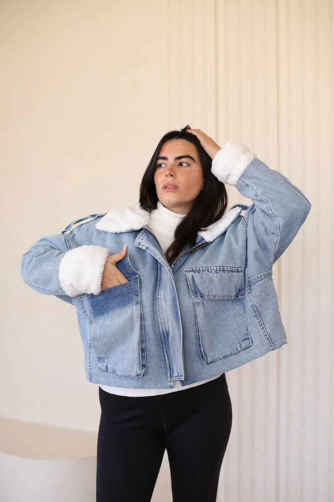 Oversized denim fur jacket - blue