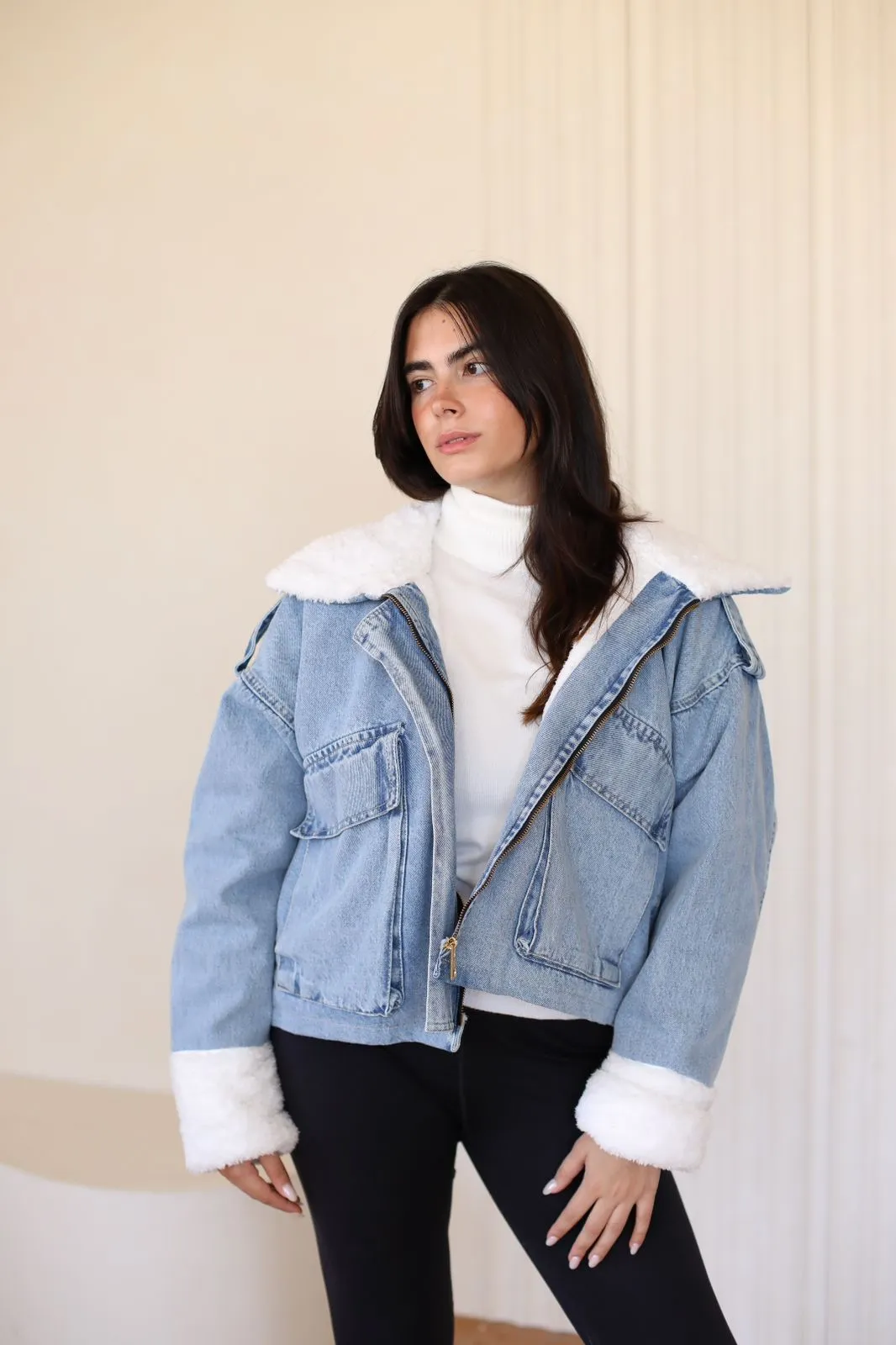 Oversized denim fur jacket - blue