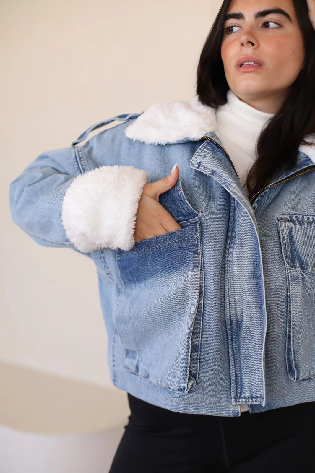Oversized denim fur jacket - blue