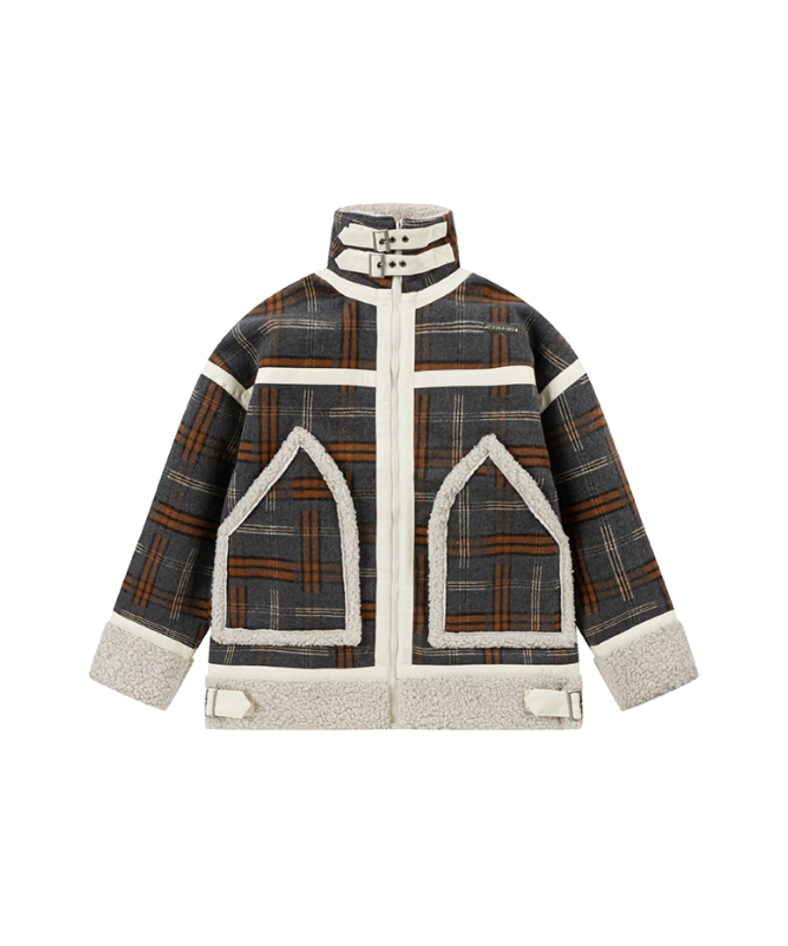 Plaid Stand Collar Fur Jacket