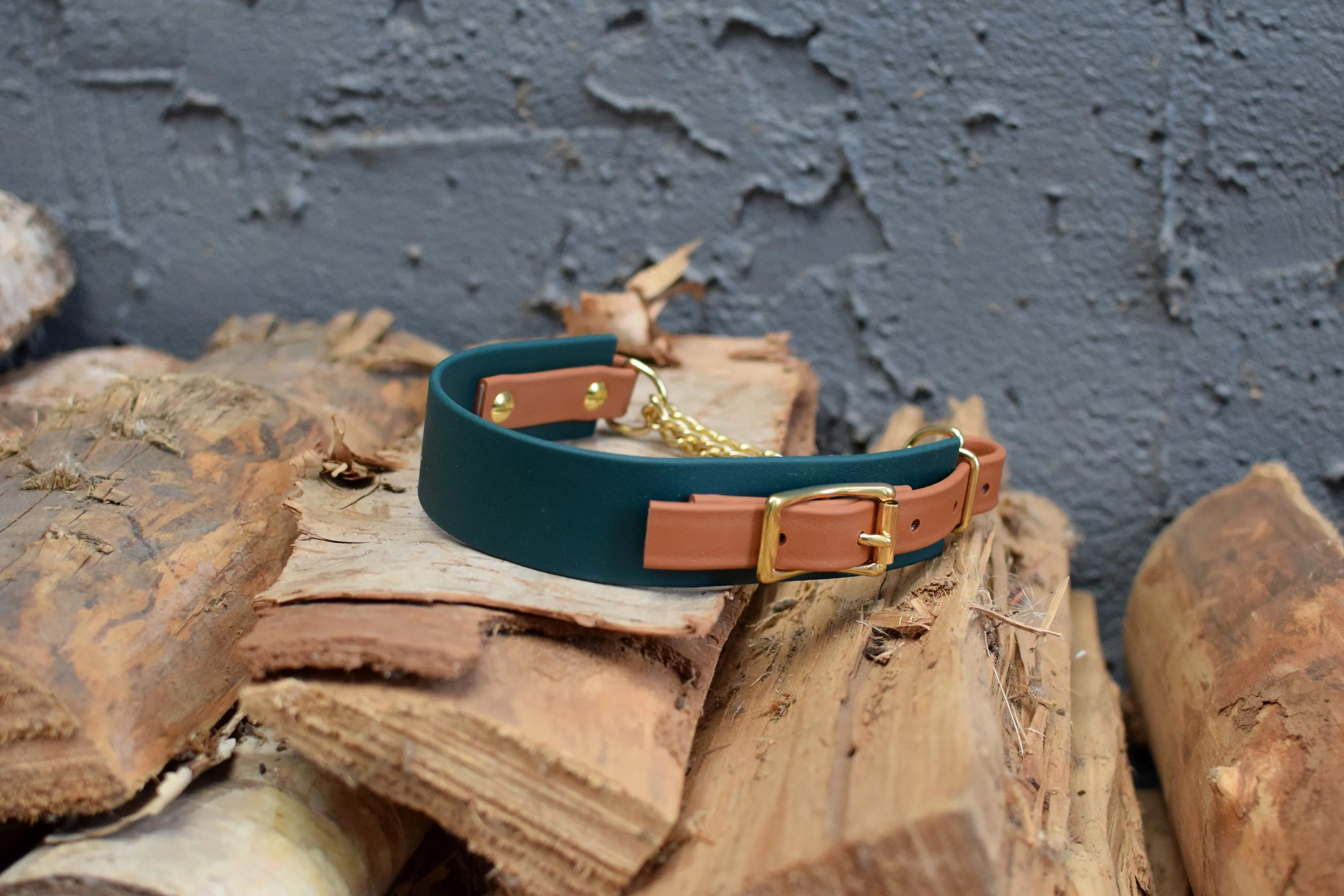 PREMADE COLLECTION - Forest Green & Tan Biothane Martingale Dog Collar