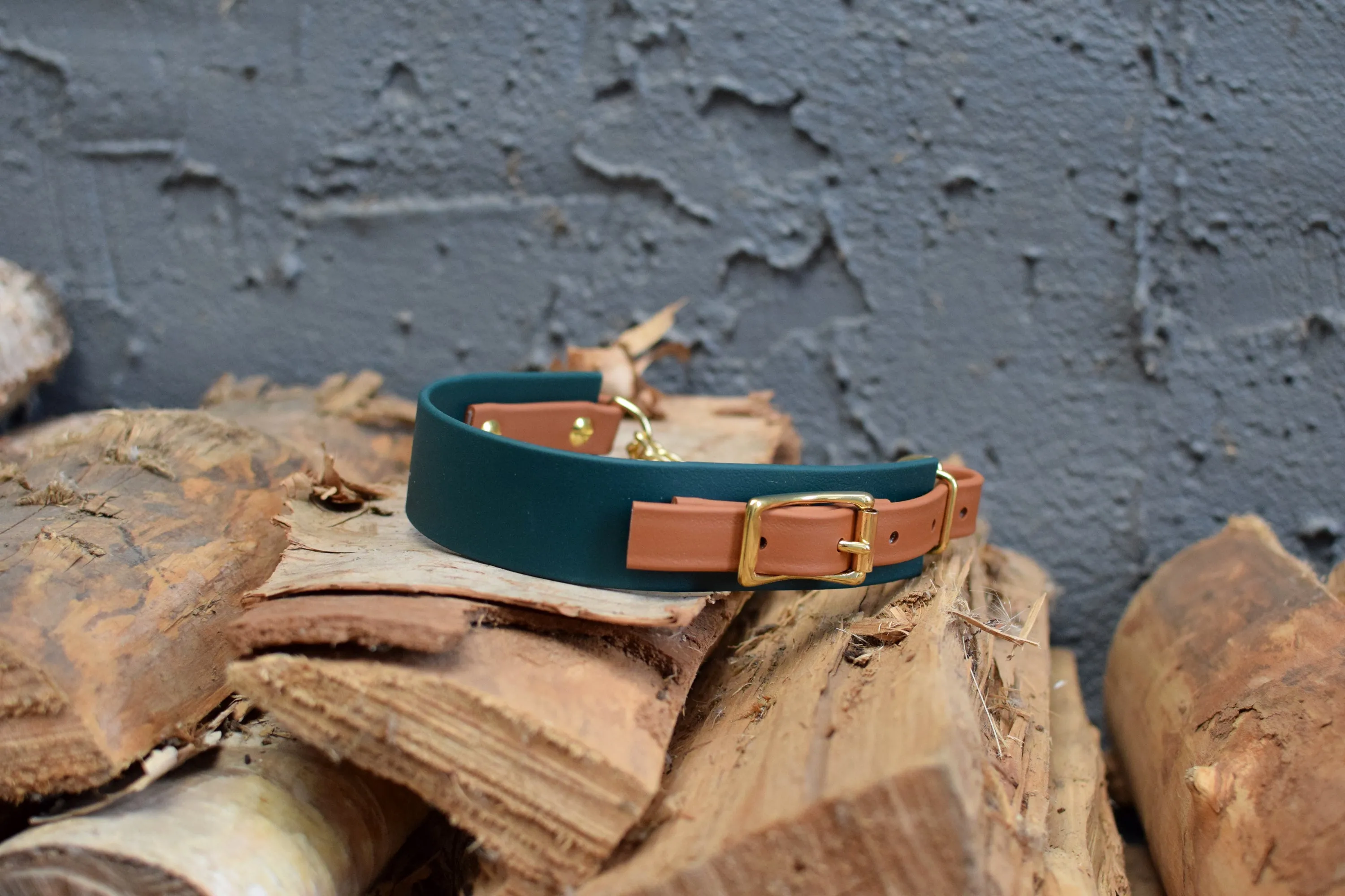 PREMADE COLLECTION - Forest Green & Tan Biothane Martingale Dog Collar