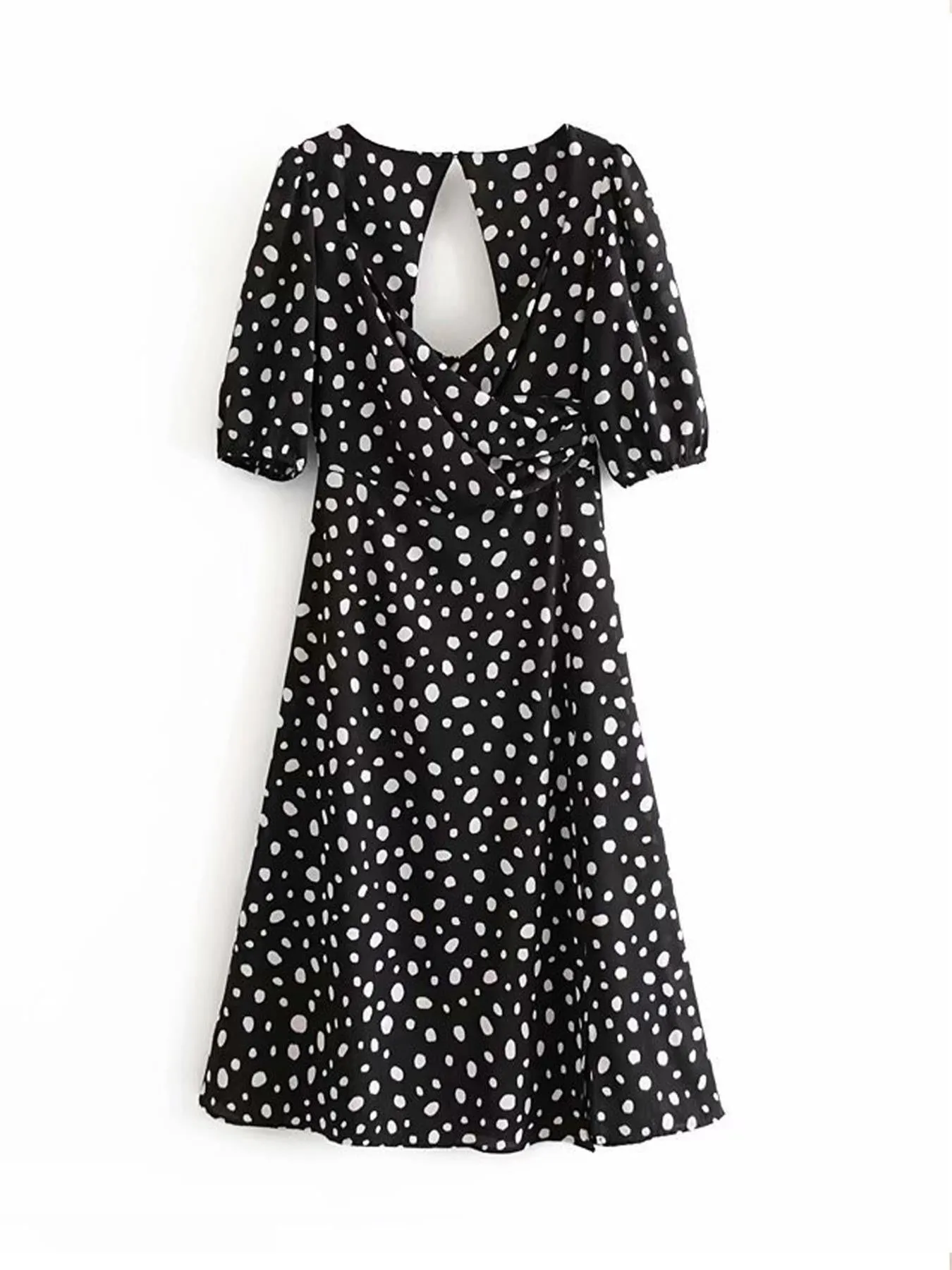 Puff Sleeve Midi Dress With In Black Spot