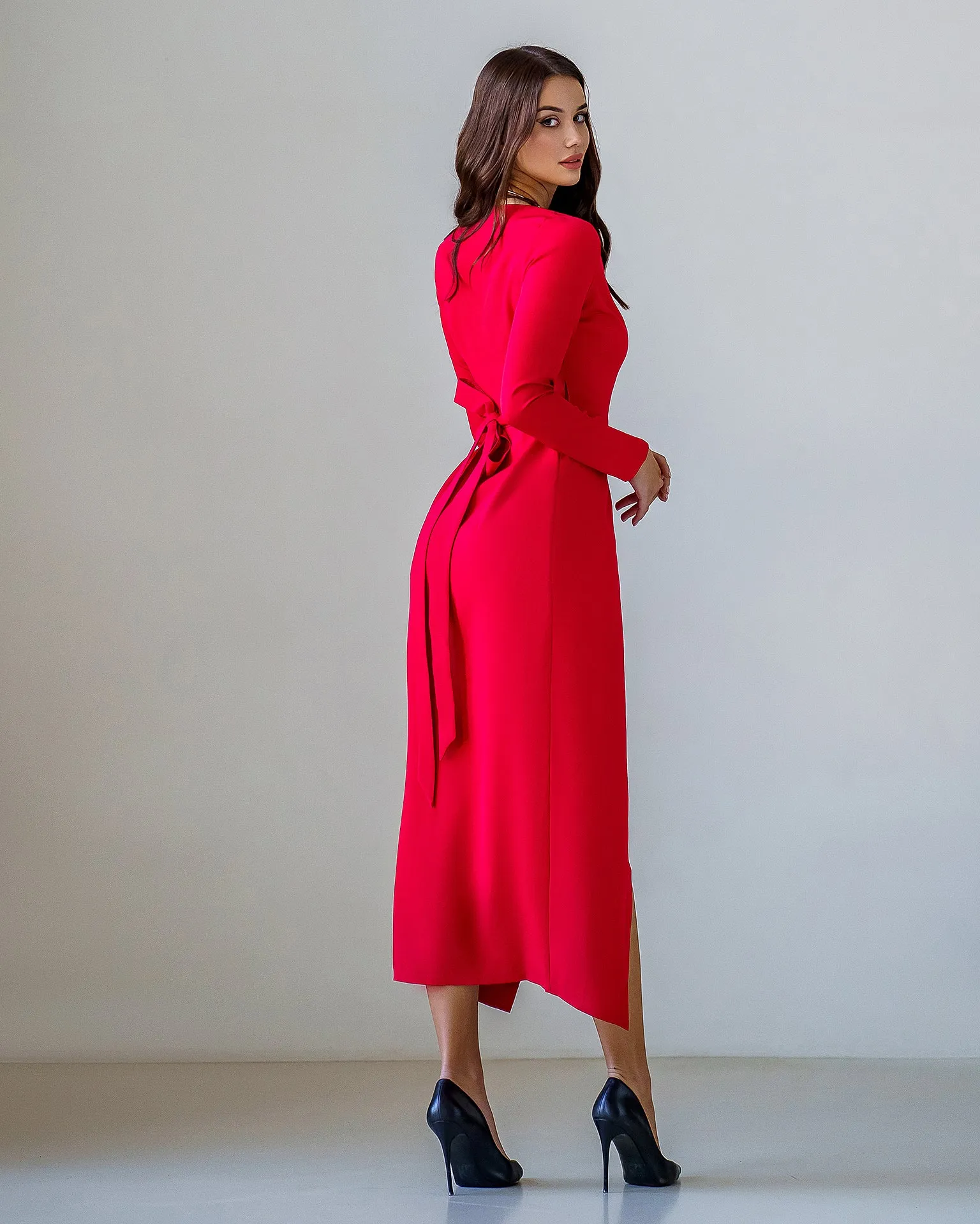 Red Wrap Long Sleeve Collarless Maxi Dress
