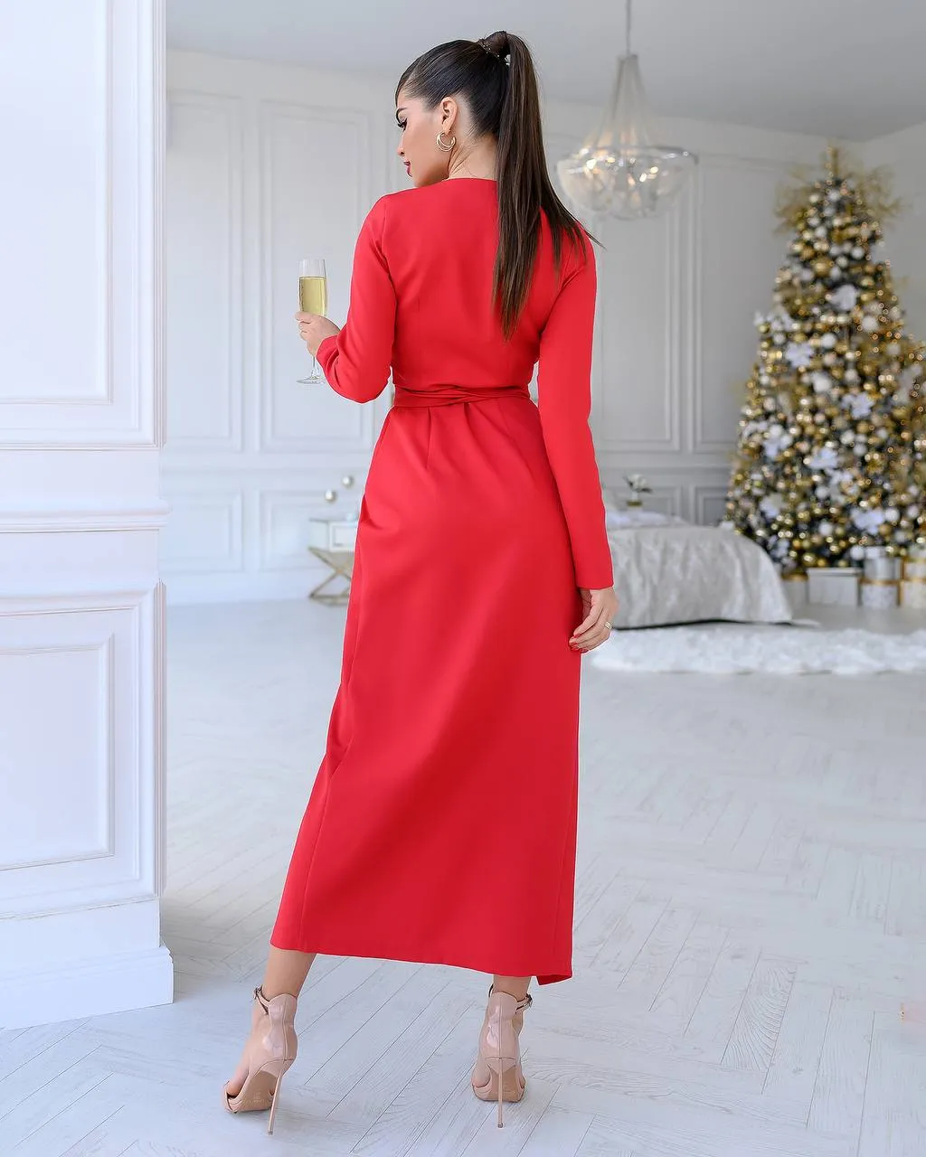 Red Wrap Long Sleeve Collarless Maxi Dress