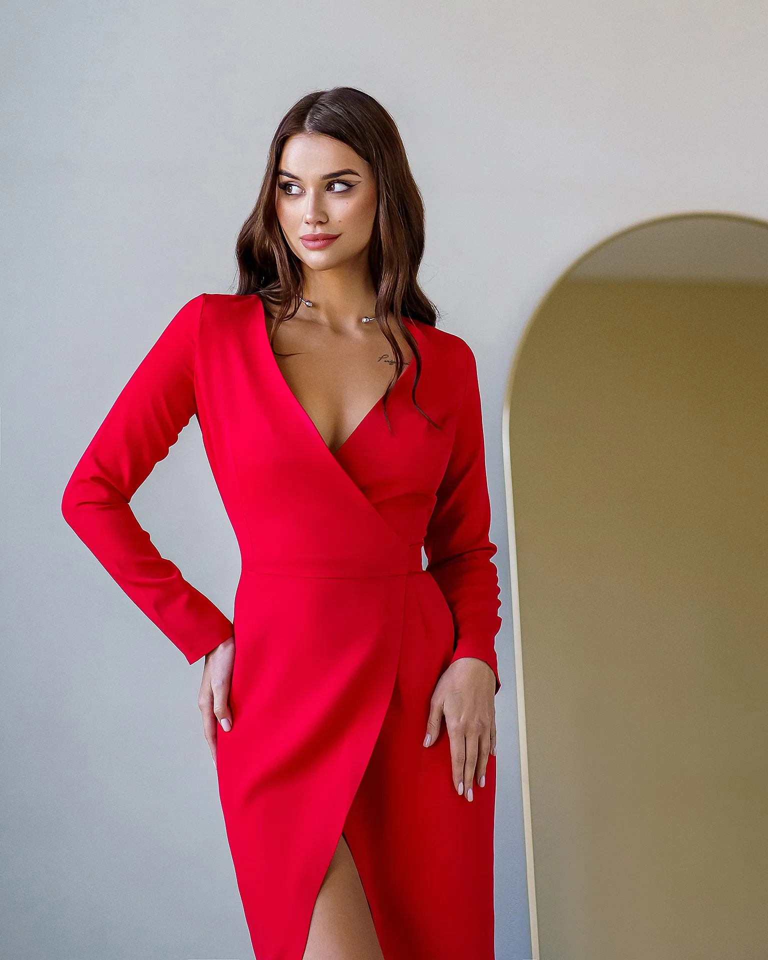 Red Wrap Long Sleeve Collarless Maxi Dress