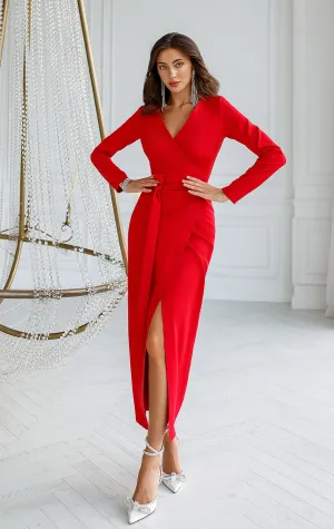 Red Wrap Long Sleeve Collarless Maxi Dress