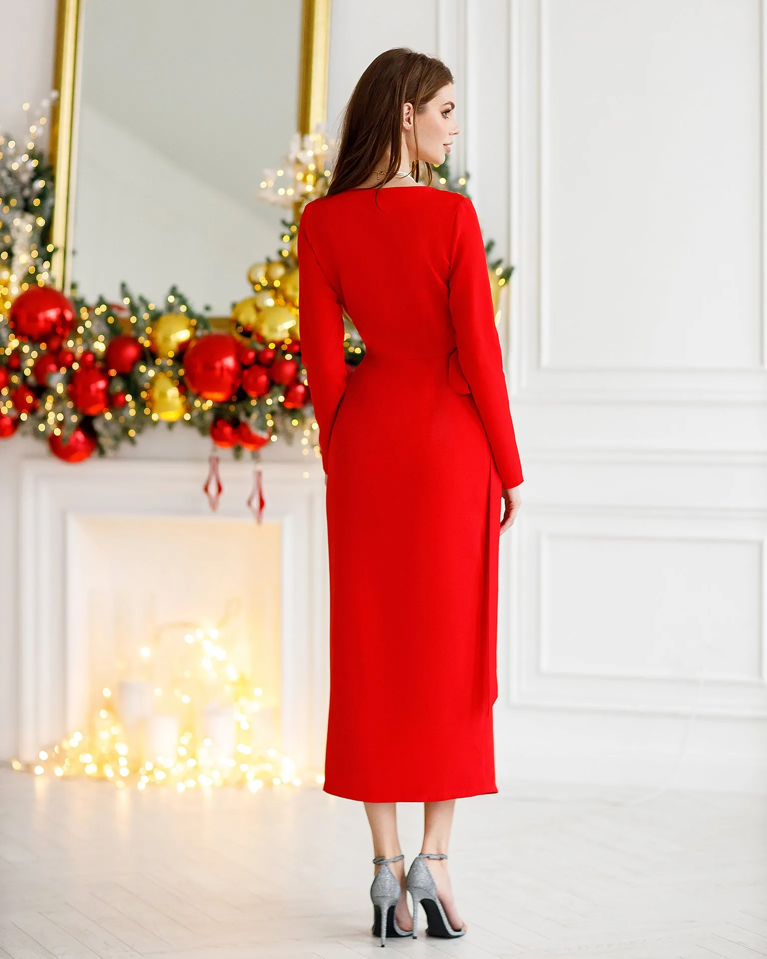 Red Wrap Long Sleeve Collarless Maxi Dress