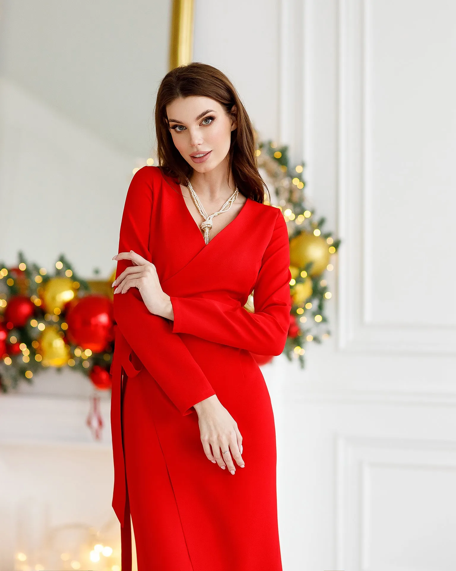 Red Wrap Long Sleeve Collarless Maxi Dress