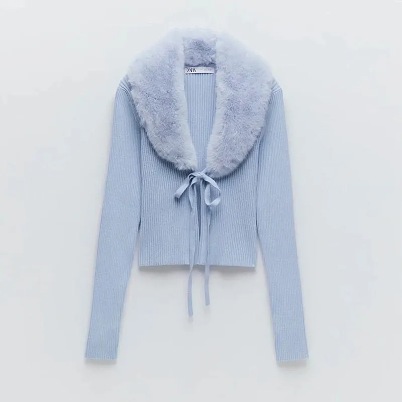 Removable Fur Collar Long Sleeve Cardigan