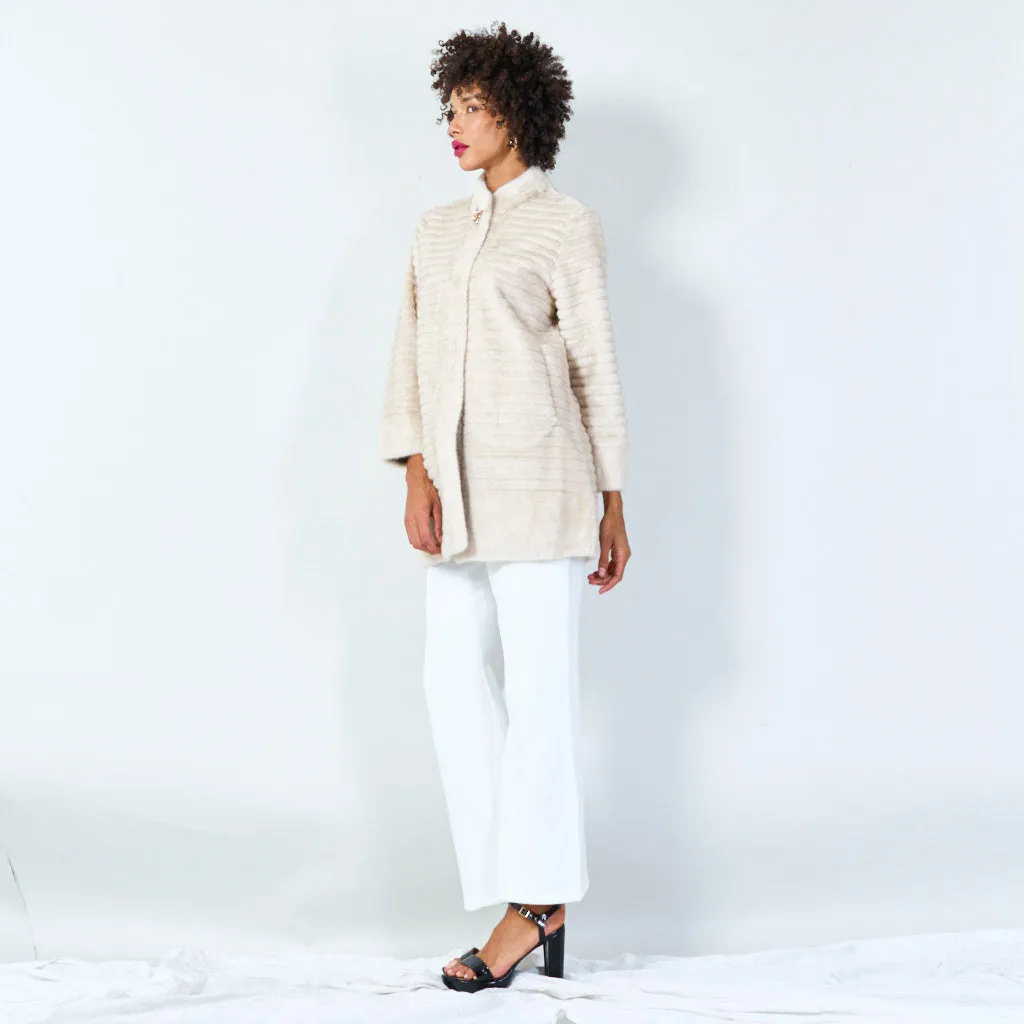 Ribbed faux fur coat with clasp detail wholesale