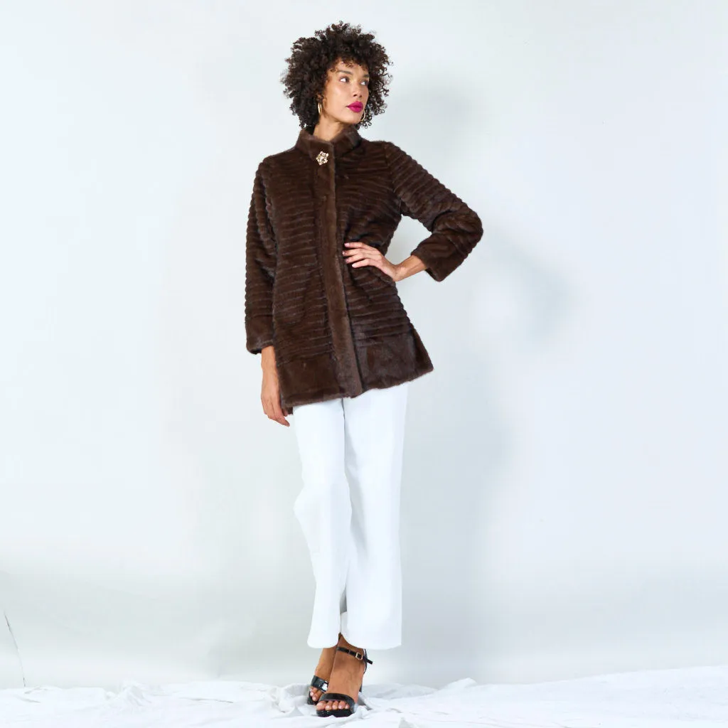 Ribbed faux fur coat with clasp detail wholesale