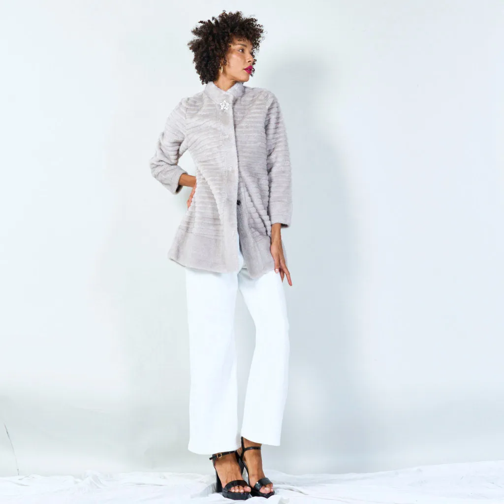 Ribbed faux fur coat with clasp detail wholesale
