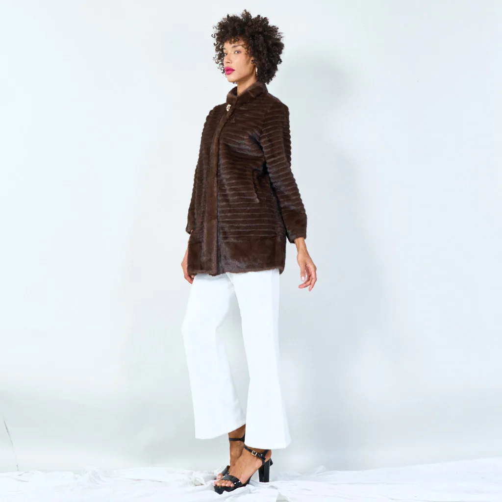 Ribbed faux fur coat with clasp detail wholesale