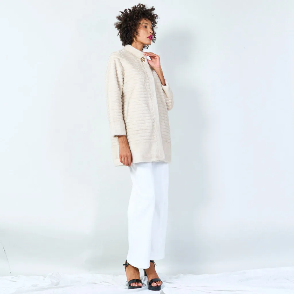 Ribbed faux fur coat with clasp detail wholesale