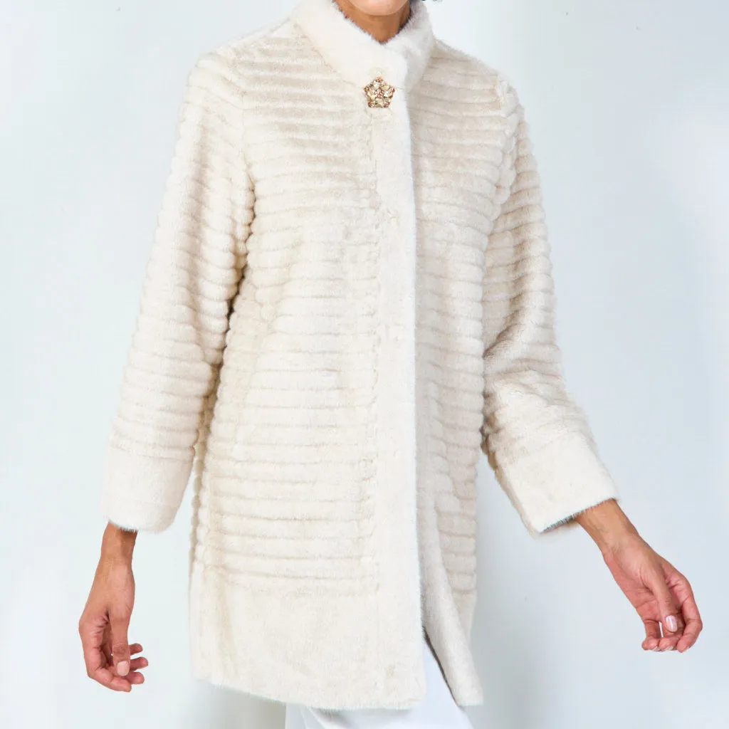Ribbed faux fur coat with clasp detail wholesale