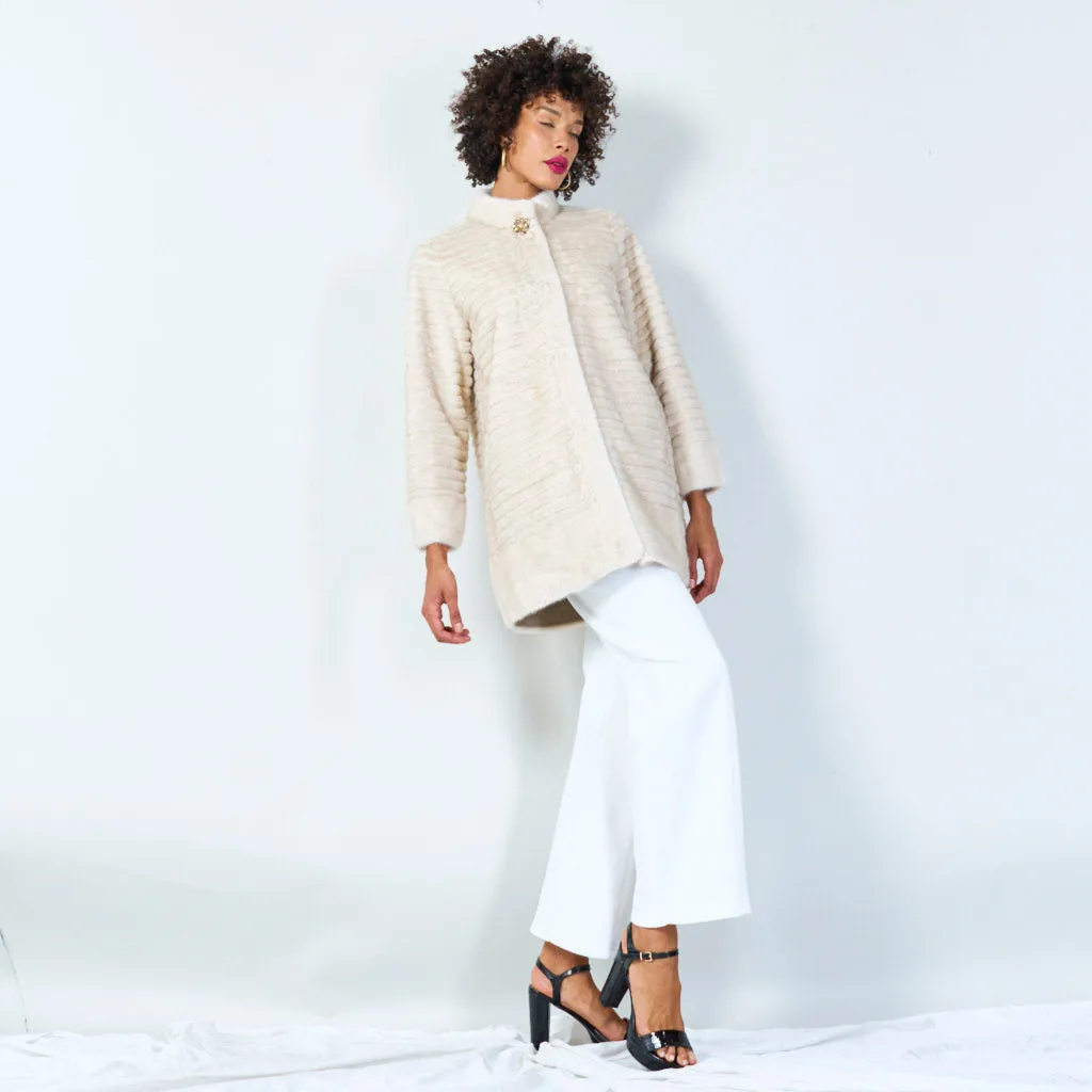 Ribbed faux fur coat with clasp detail wholesale