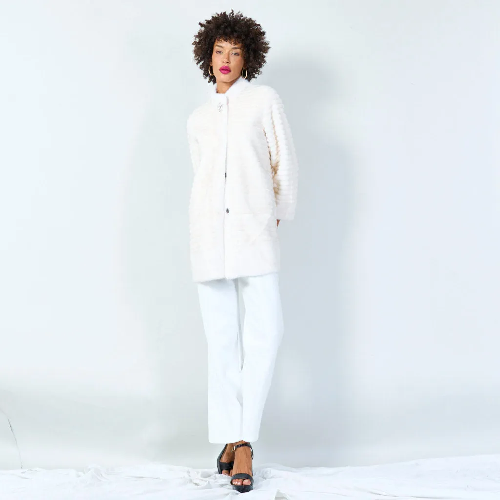 Ribbed faux fur coat with clasp detail wholesale