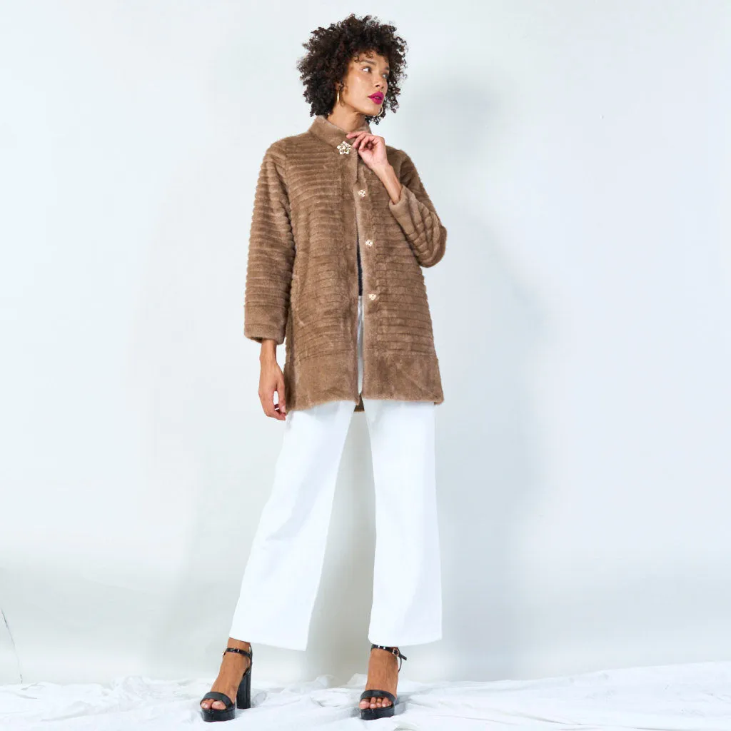Ribbed faux fur coat with clasp detail wholesale