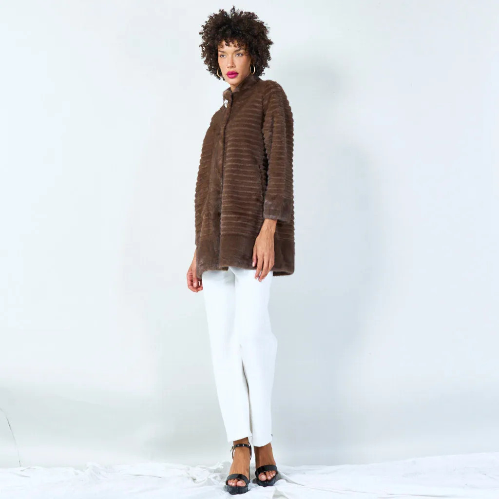Ribbed faux fur coat with clasp detail wholesale