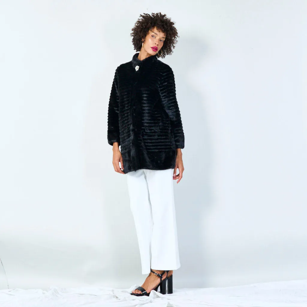Ribbed faux fur coat with clasp detail wholesale