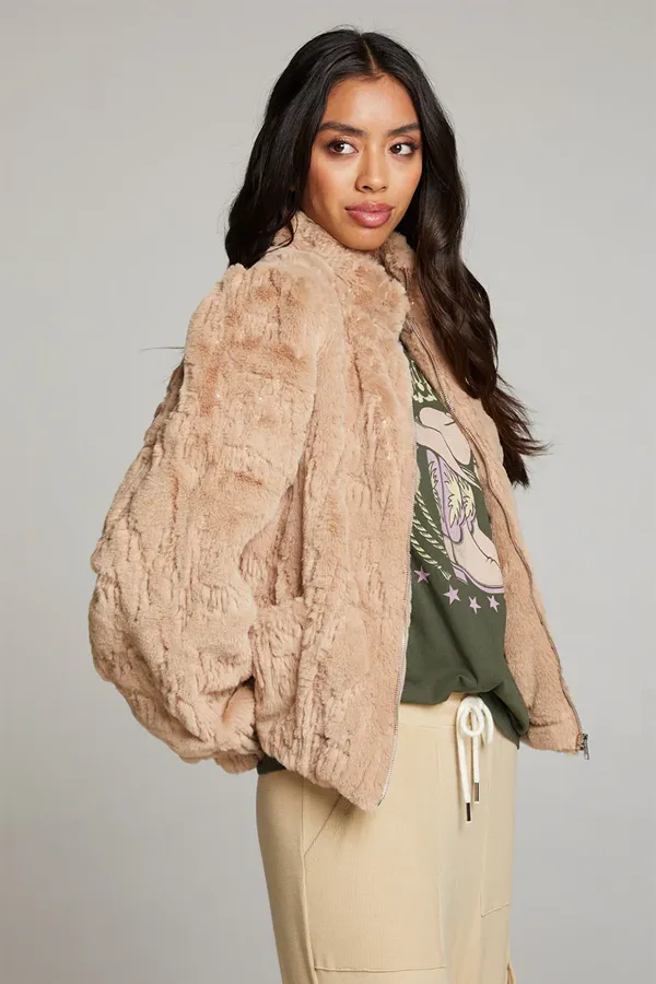 Sequin Faux Fur Coat | Cappuccino