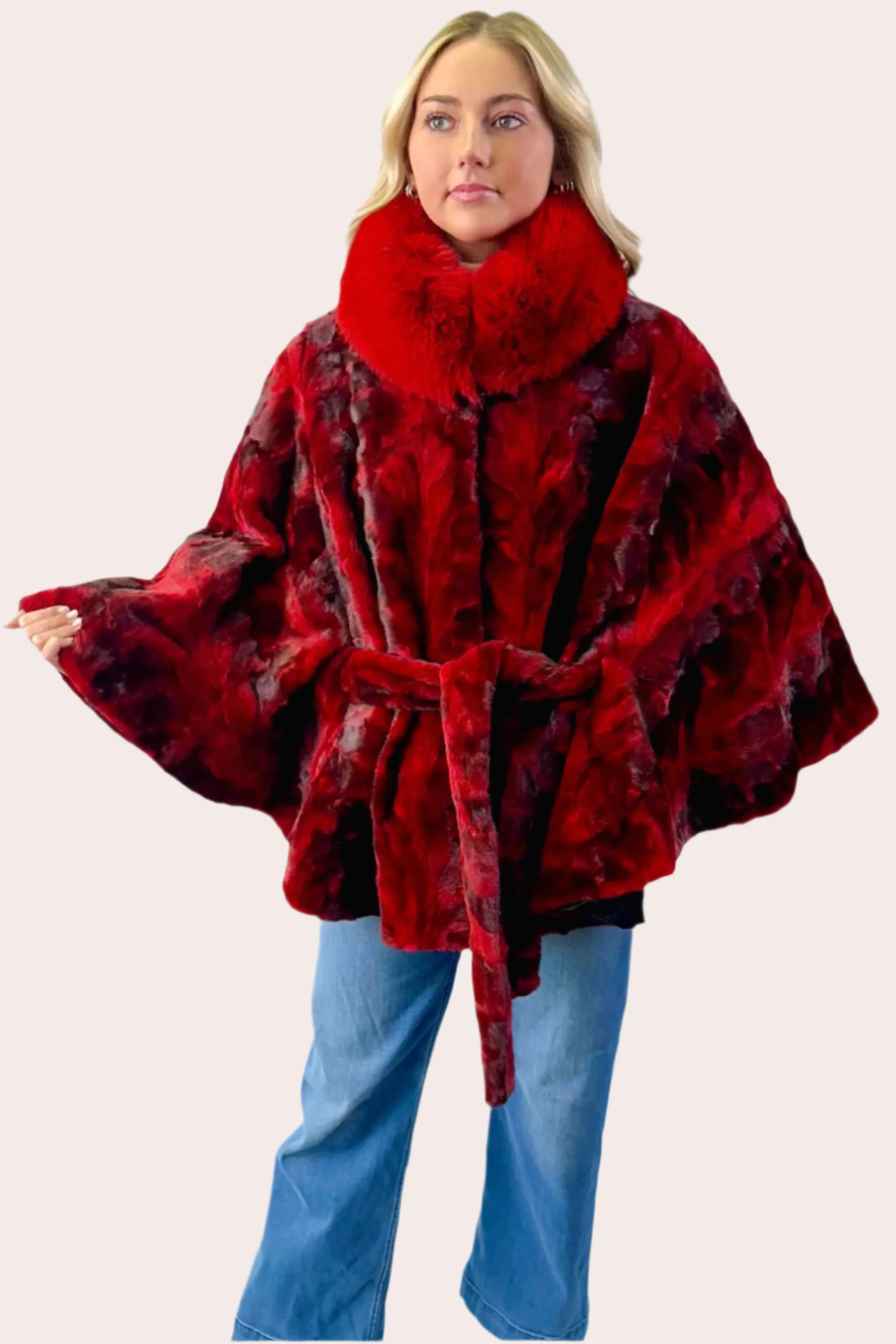 Sheared Mink Fur Cape with Fox Fur Collar and Detachable Belt