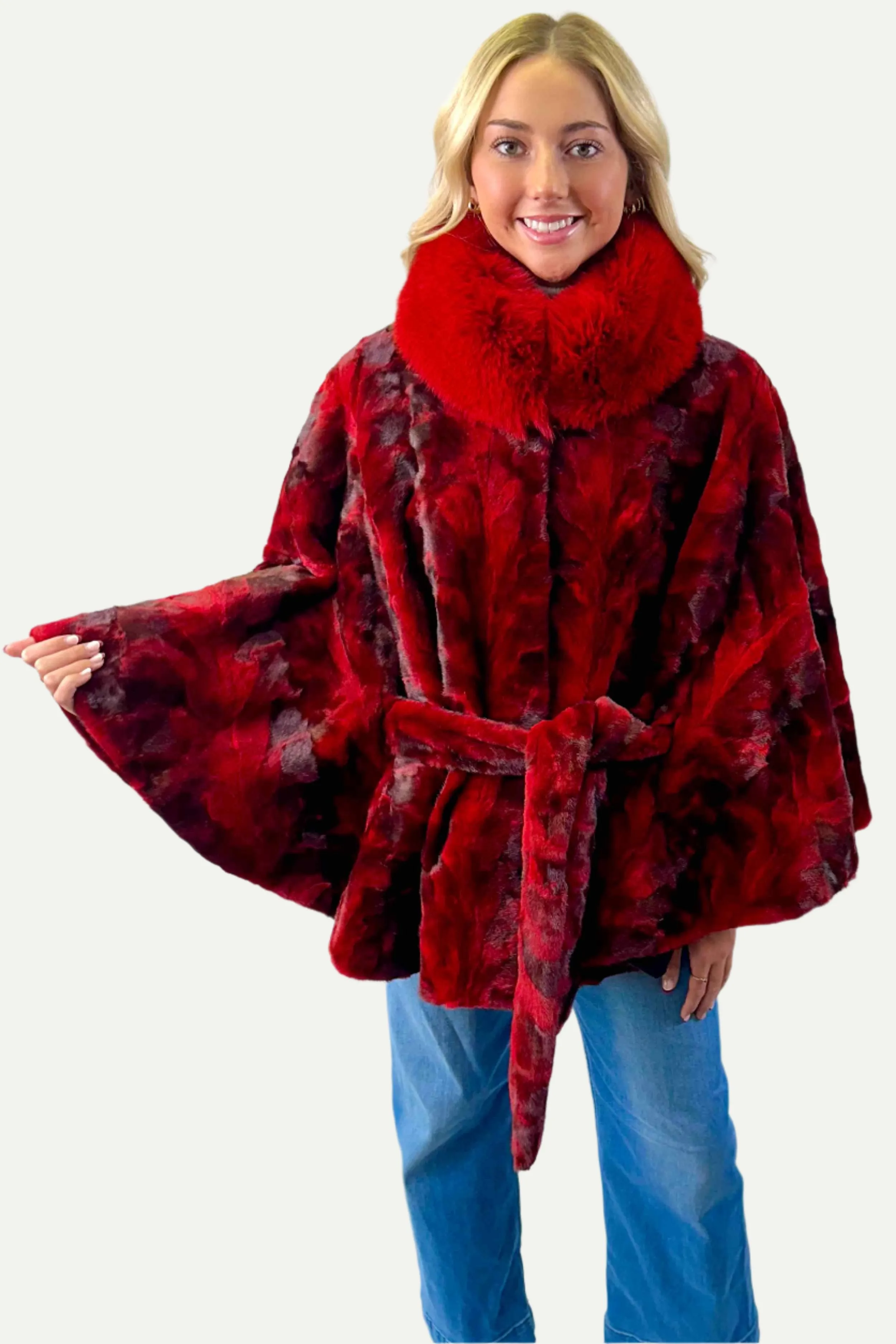 Sheared Mink Fur Cape with Fox Fur Collar and Detachable Belt