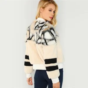 SHEIN Multicolor O-Ring Zip Up Faux Fur Coat Casual Stand Collar Long Sleeve Highstreet Outerwear Women Winter Short Coats