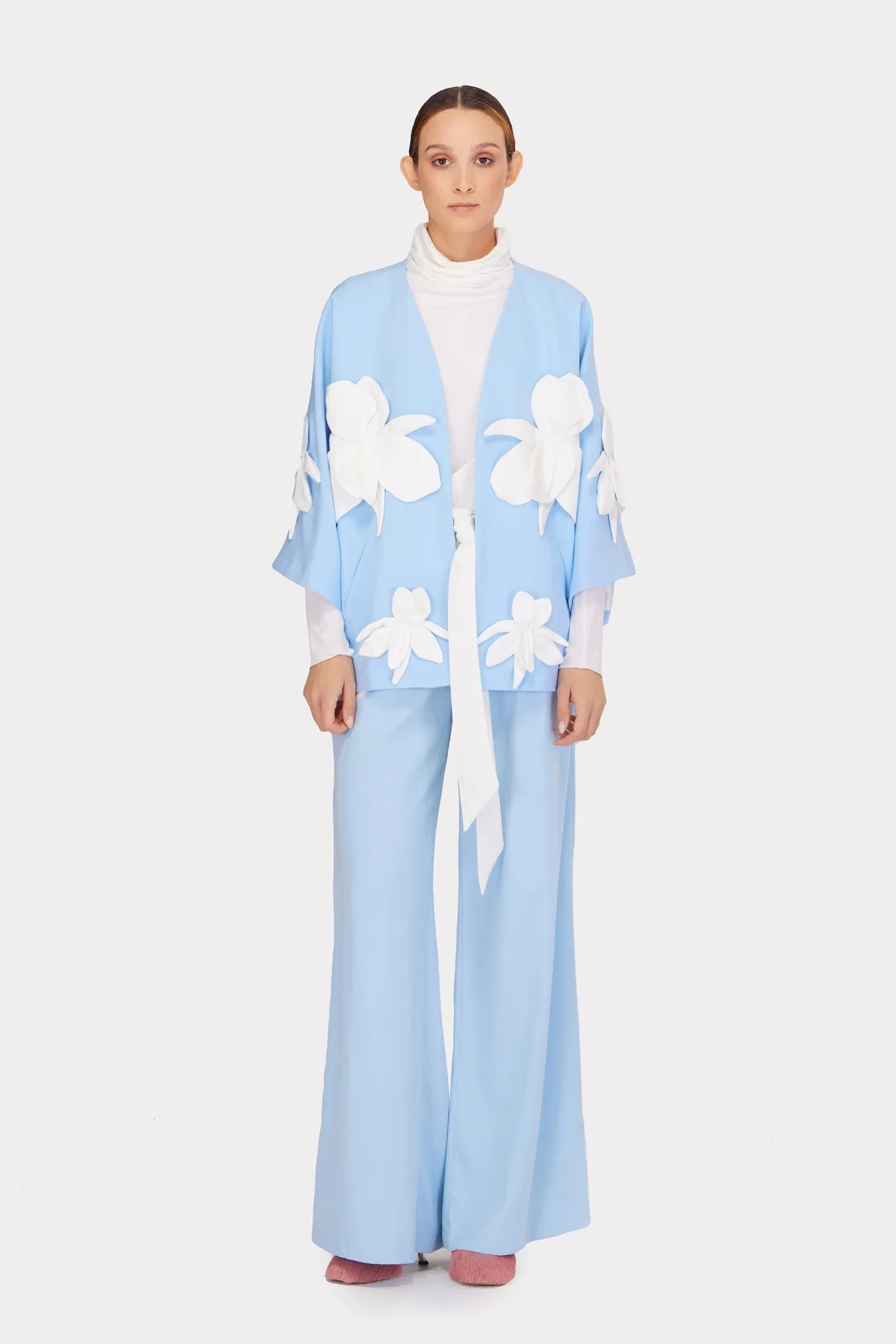 Silk-Lined Wrap Jacket With Dropped Sleeves Light Blue