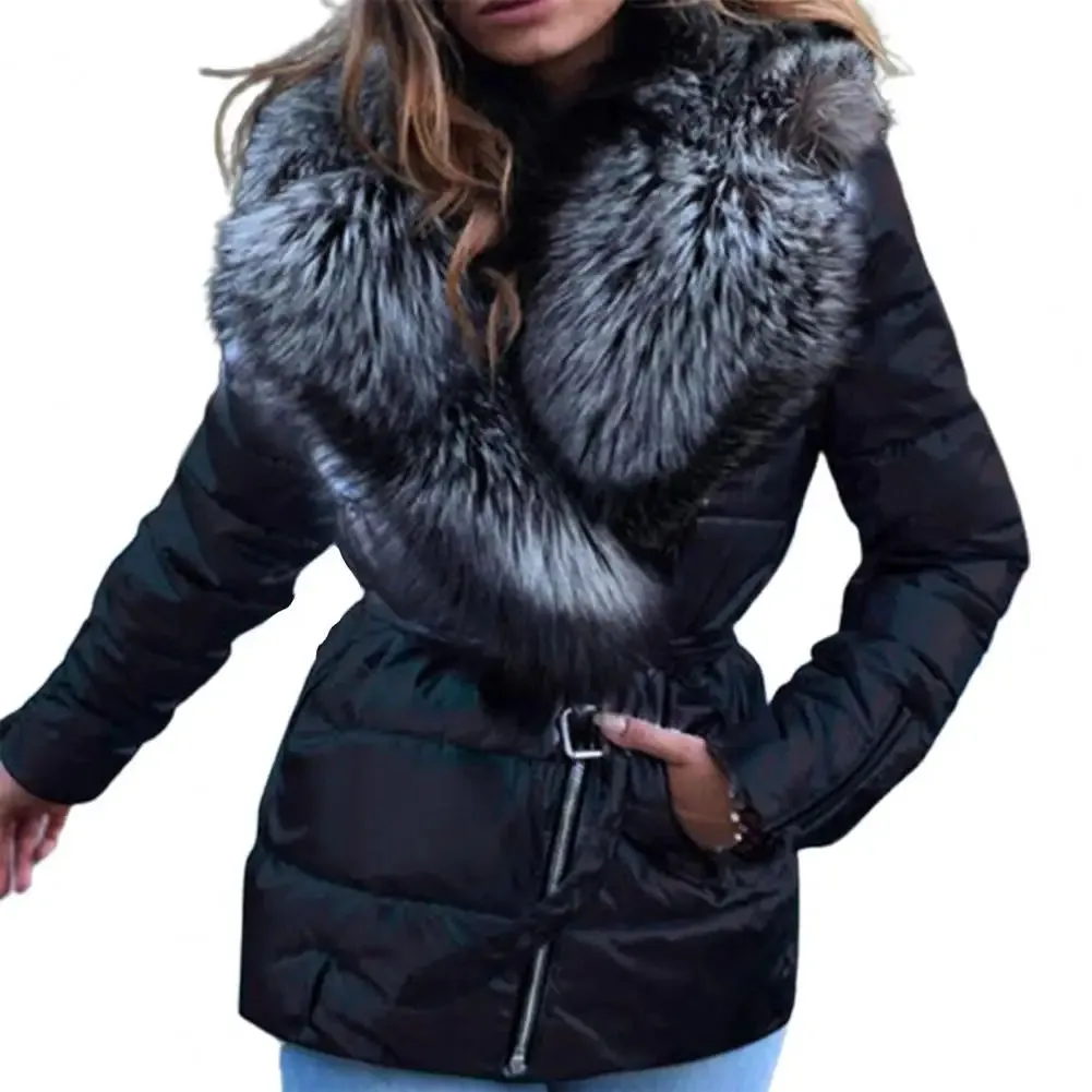 Soft Texture  Chic Thermal Faux Fur Collar Women Puffer Jacket Pure Color Women Jacket Slim   for Fall Winter