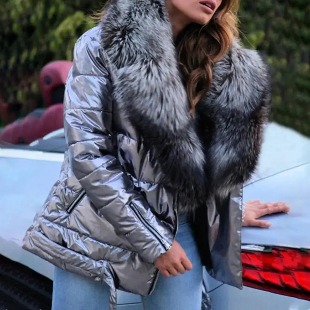 Soft Texture  Chic Thermal Faux Fur Collar Women Puffer Jacket Pure Color Women Jacket Slim   for Fall Winter