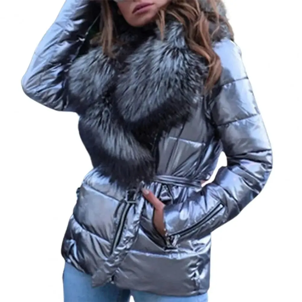 Soft Texture  Chic Thermal Faux Fur Collar Women Puffer Jacket Pure Color Women Jacket Slim   for Fall Winter