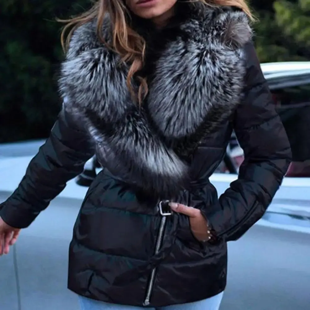 Soft Texture  Chic Thermal Faux Fur Collar Women Puffer Jacket Pure Color Women Jacket Slim   for Fall Winter