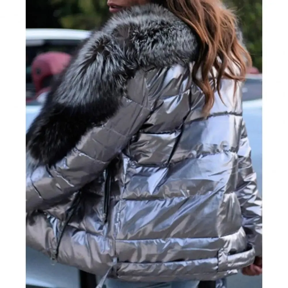 Soft Texture  Chic Thermal Faux Fur Collar Women Puffer Jacket Pure Color Women Jacket Slim   for Fall Winter