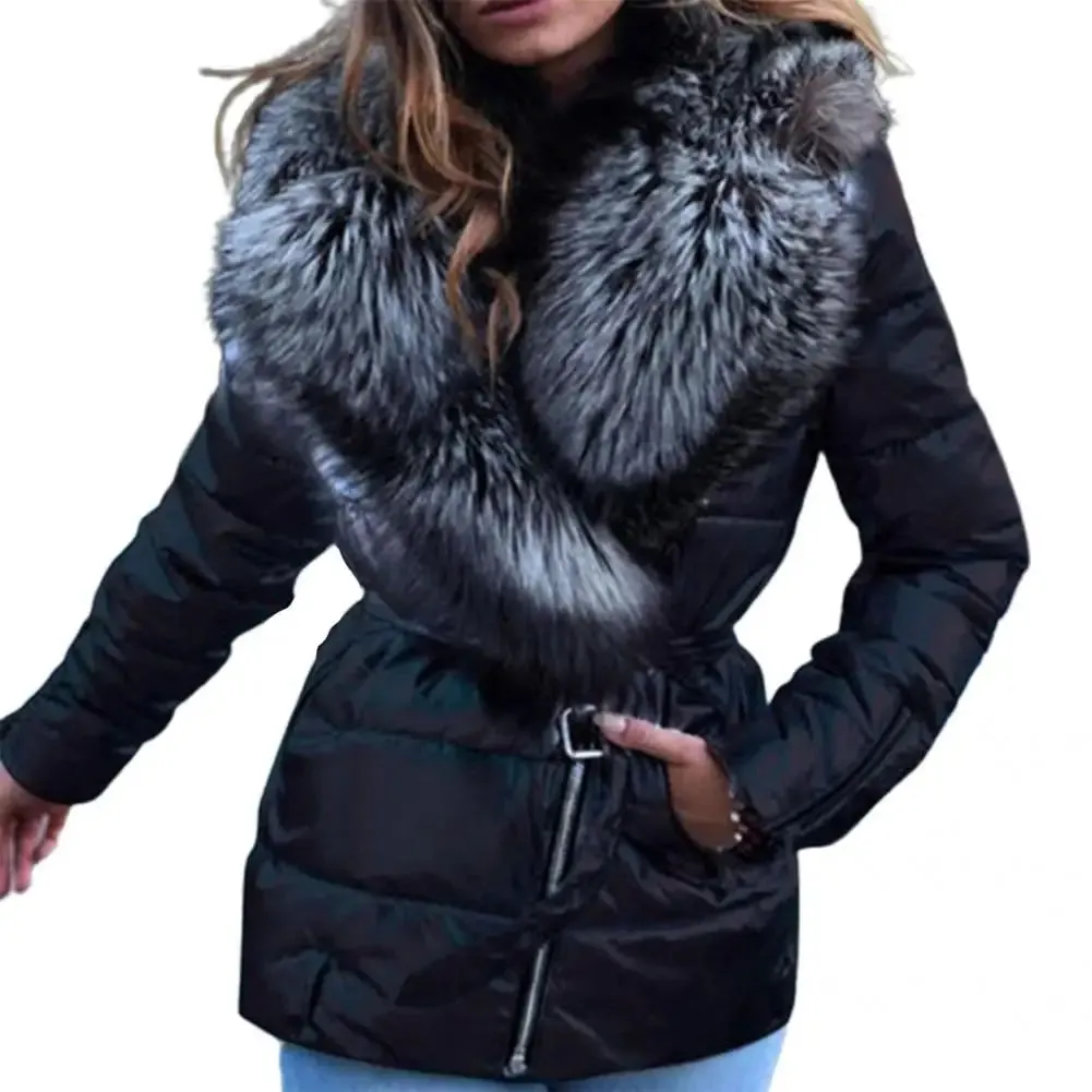 Soft Texture  Chic Thermal Faux Fur Collar Women Puffer Jacket Pure Color Women Jacket Slim   for Fall Winter