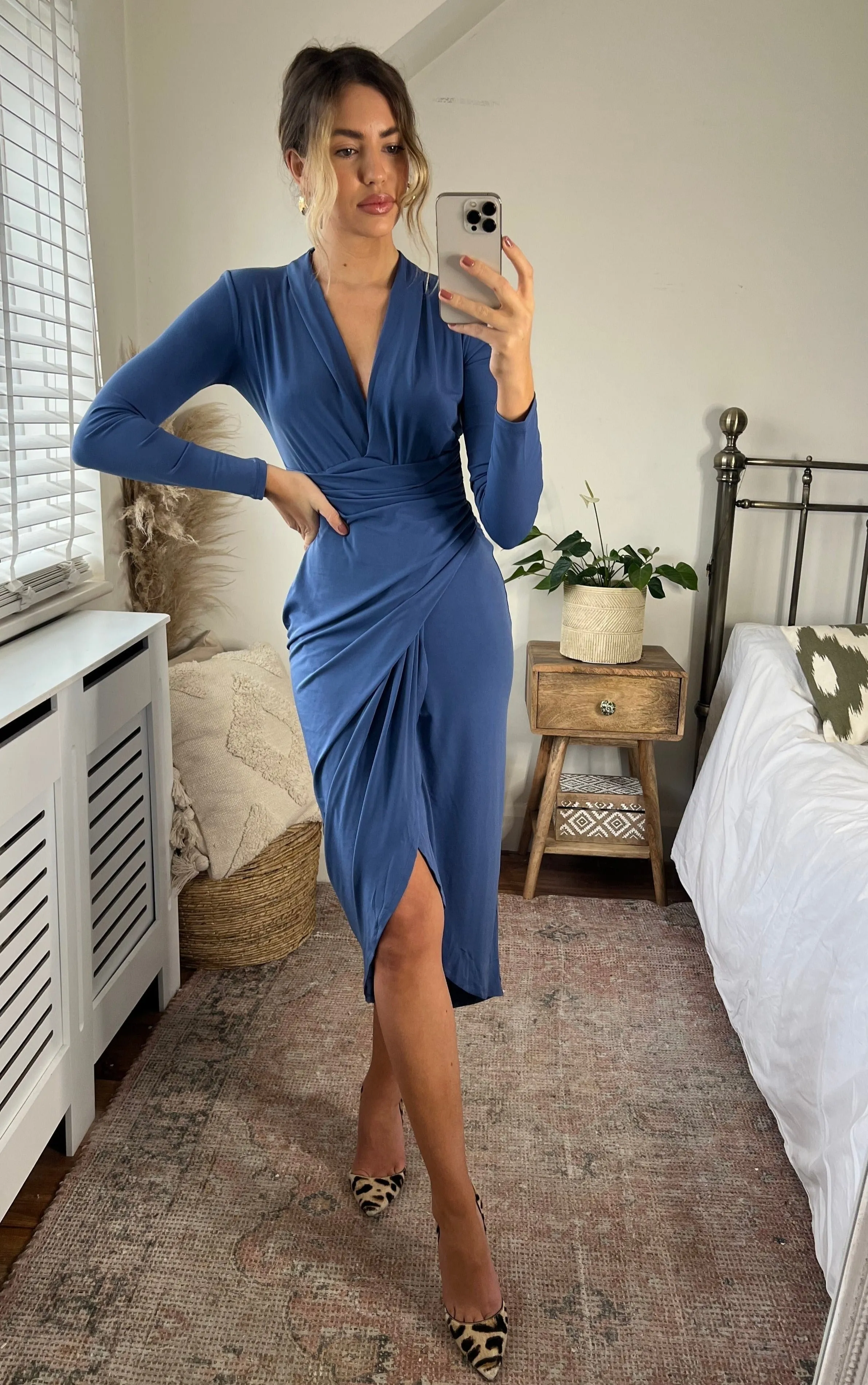 Timeless Wrap Midi Dress with Front Slit in Deep Indigo