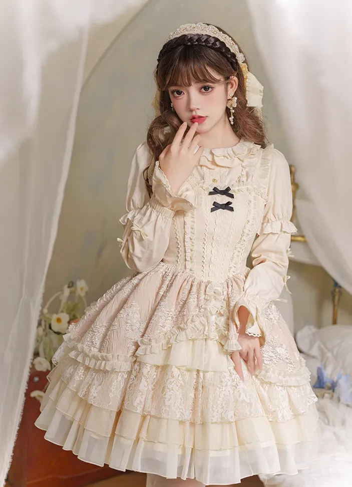 Universal Lolita Music Box White Cream Color Sweet Princess Lace Bow Dollcore Girl Strap Dress