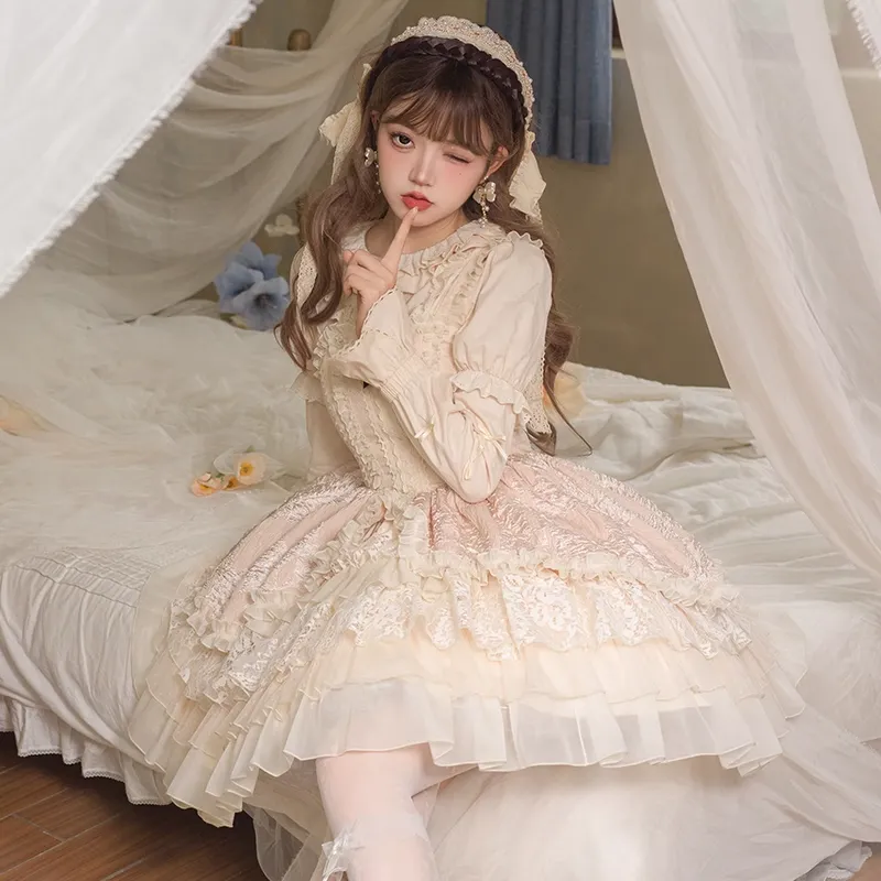 Universal Lolita Music Box White Cream Color Sweet Princess Lace Bow Dollcore Girl Strap Dress