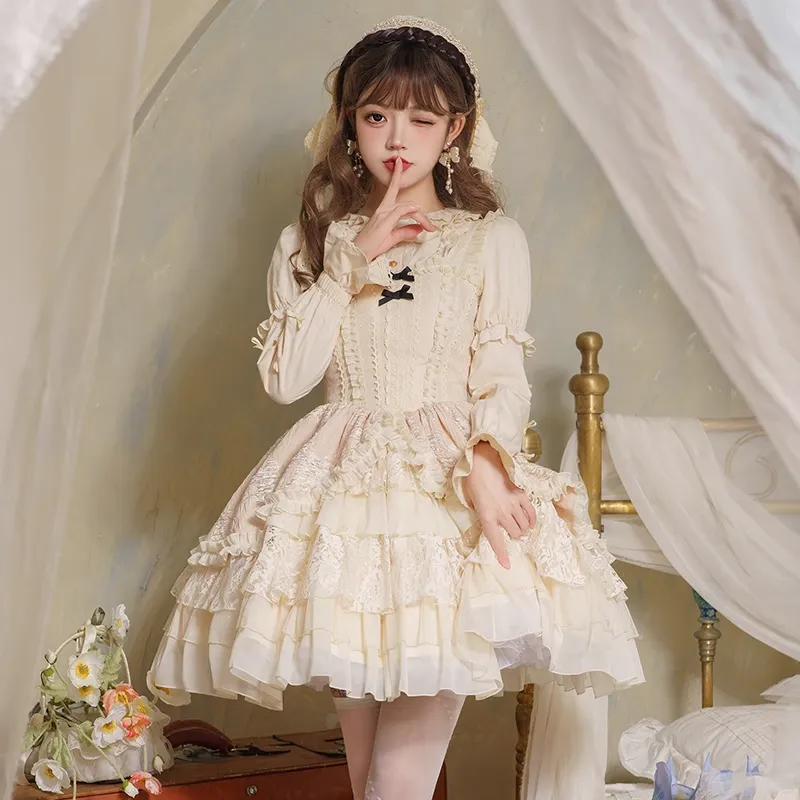 Universal Lolita Music Box White Cream Color Sweet Princess Lace Bow Dollcore Girl Strap Dress