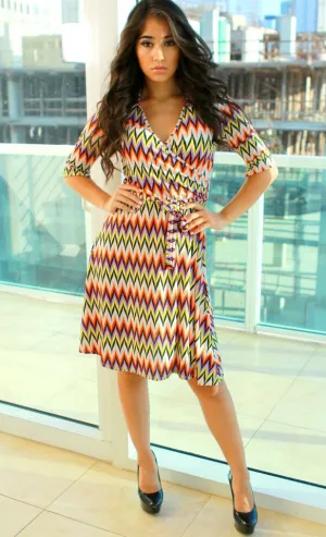 Valeria wrap dress in red and black chevron print