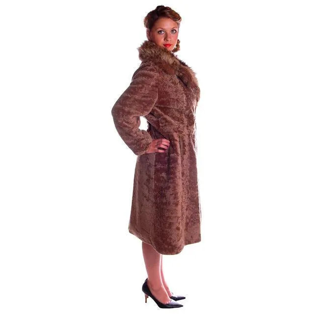 Vintage Sheepskin Lamb Trench Coat Raccoon Collar 1970s 12-14 Gorgeous