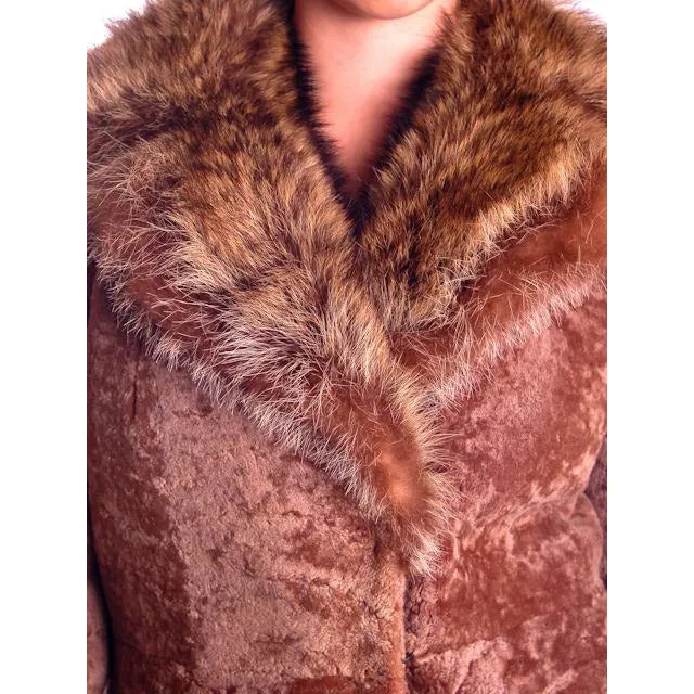Vintage Sheepskin Lamb Trench Coat Raccoon Collar 1970s 12-14 Gorgeous