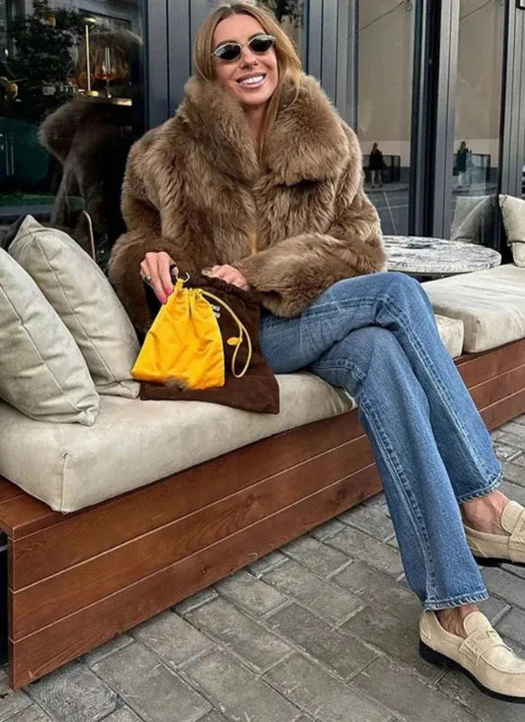 Wenkouban-Winter outfits Christmas Brown Fluffy Lapel Zip-Up Thick Short Faux Fur Coat