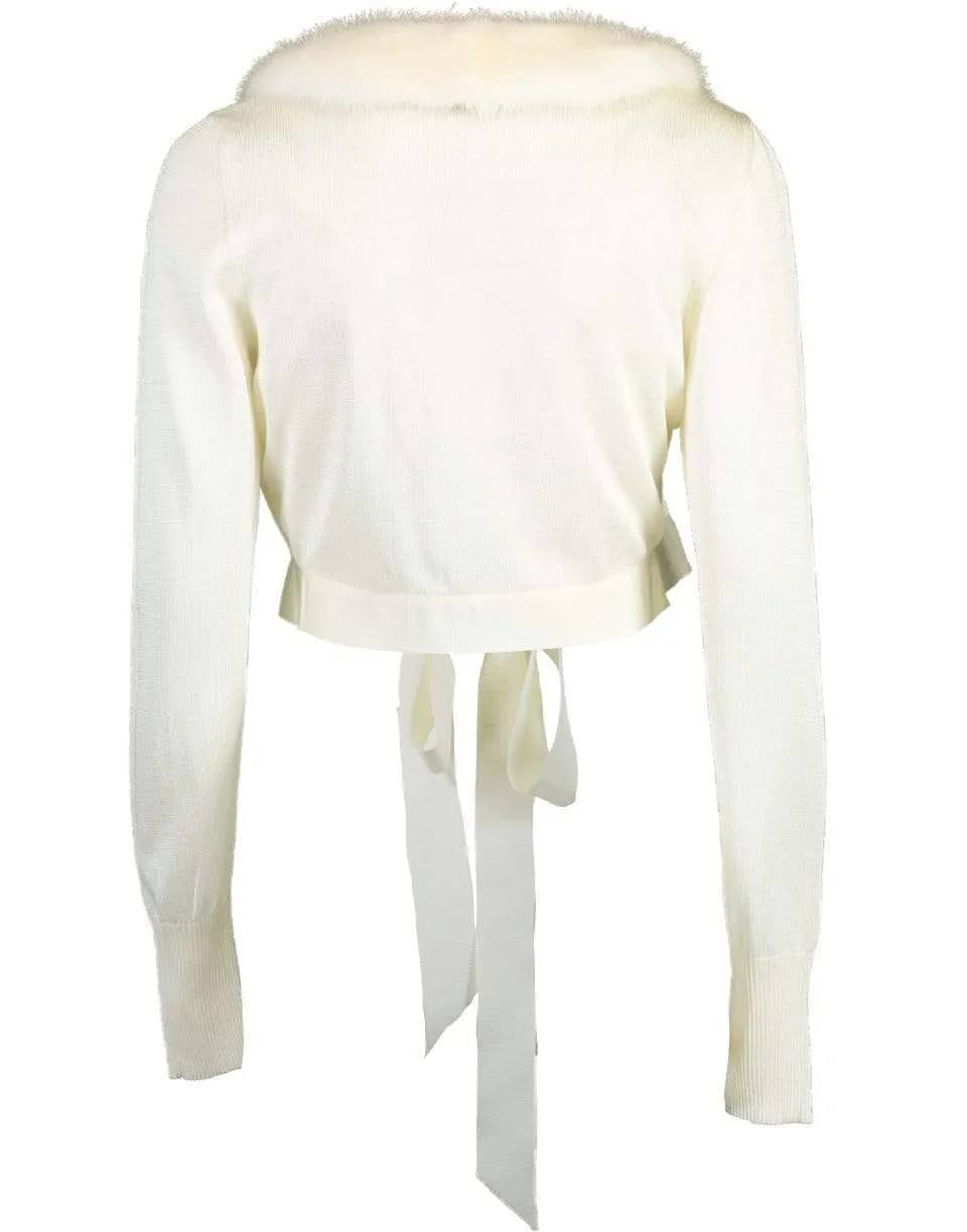 White Fur Collar Cropped Cardigan