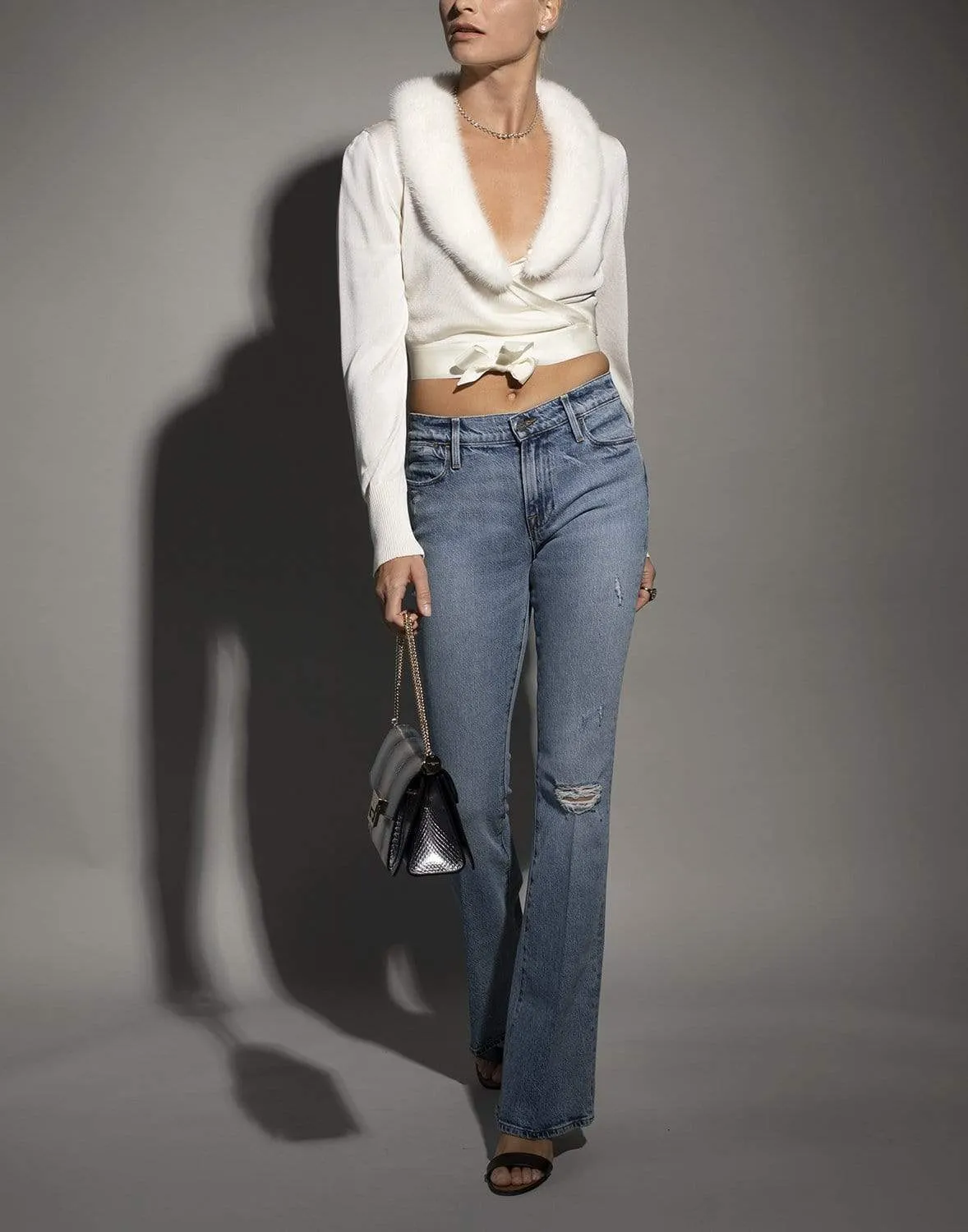 White Fur Collar Cropped Cardigan