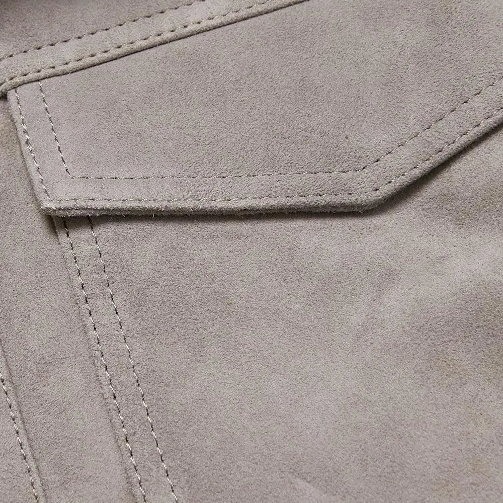 White Fur Collar Grey Suede Leather Trucker Jacket For Men