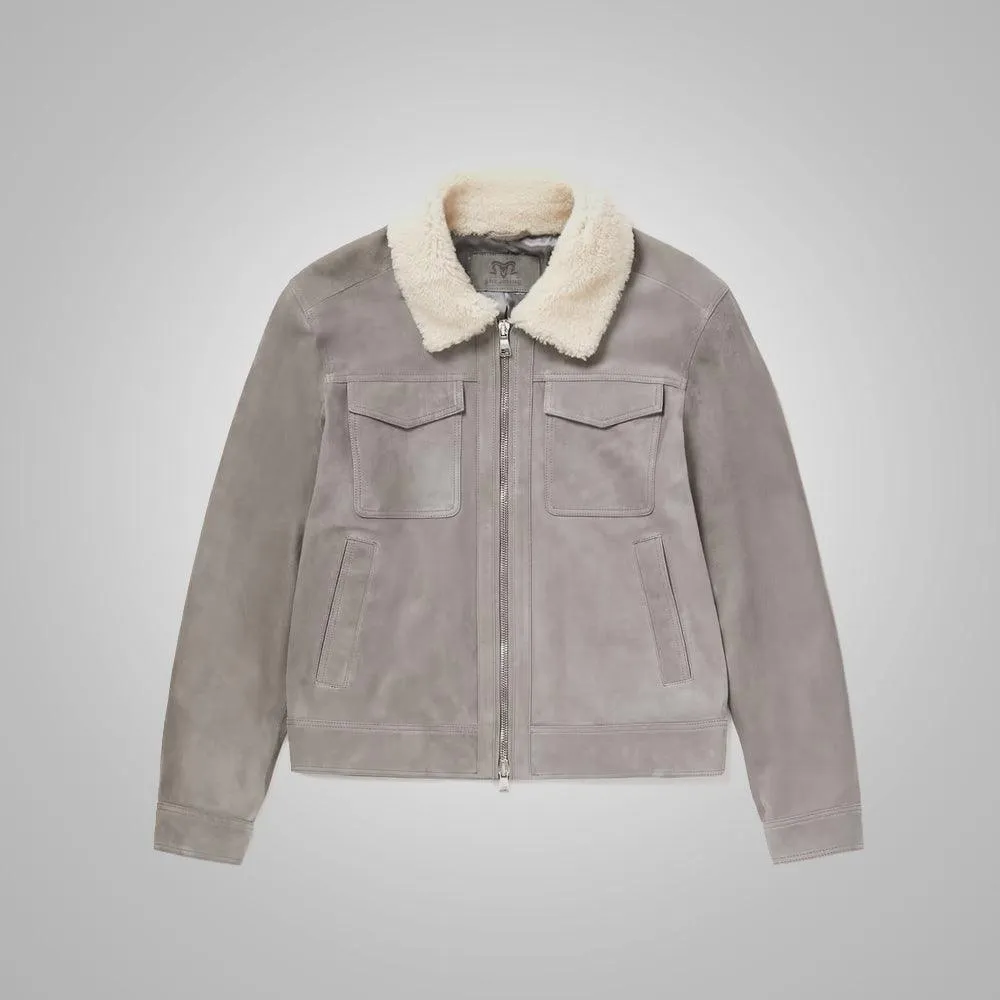 White Fur Collar Grey Suede Leather Trucker Jacket For Men