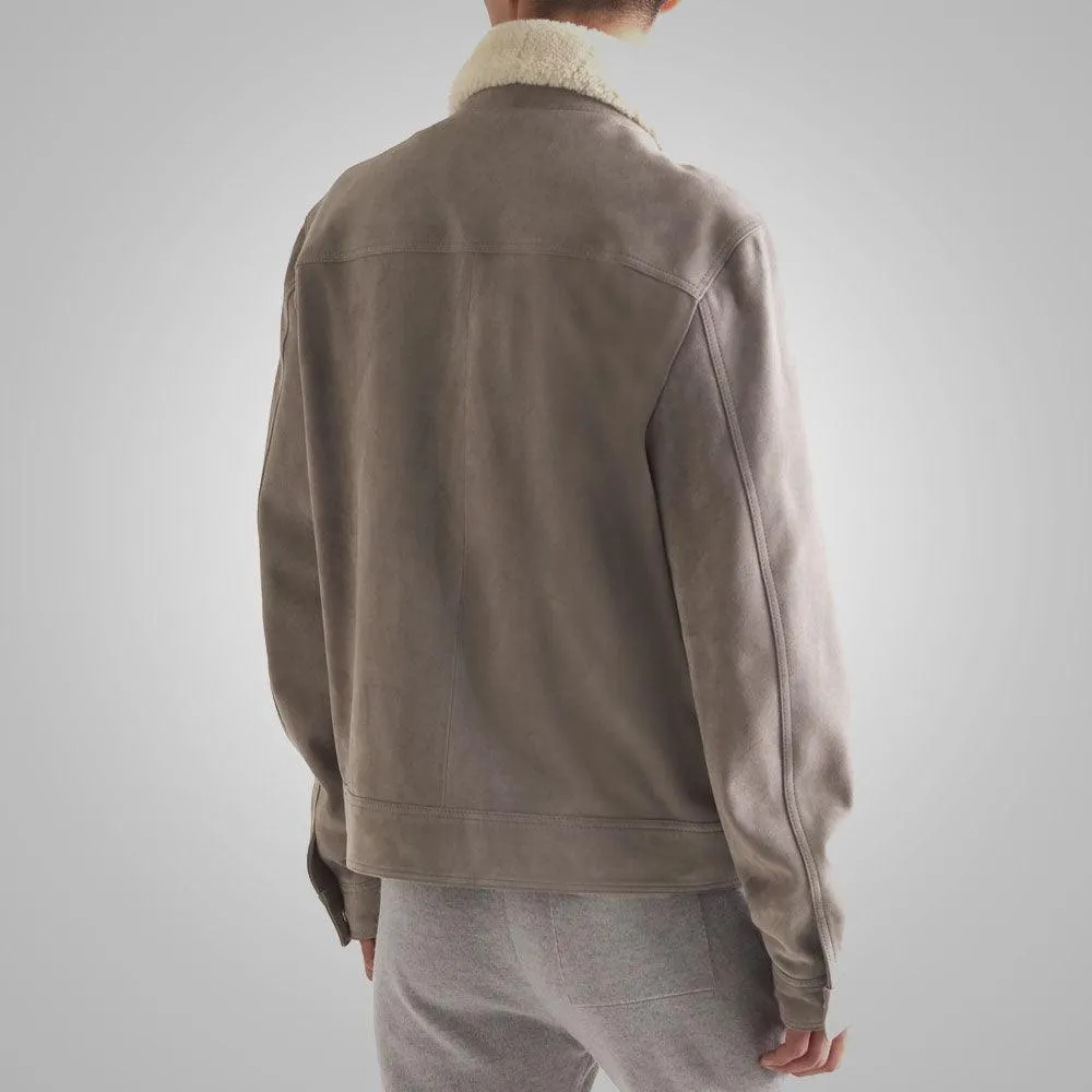 White Fur Collar Grey Suede Leather Trucker Jacket For Men